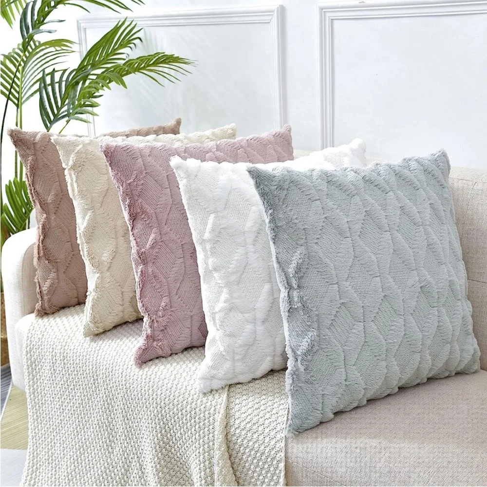 Light Cream Farmhouse Pillow Cover Furry Faux Luxury Soft Warm Pillow Case Set